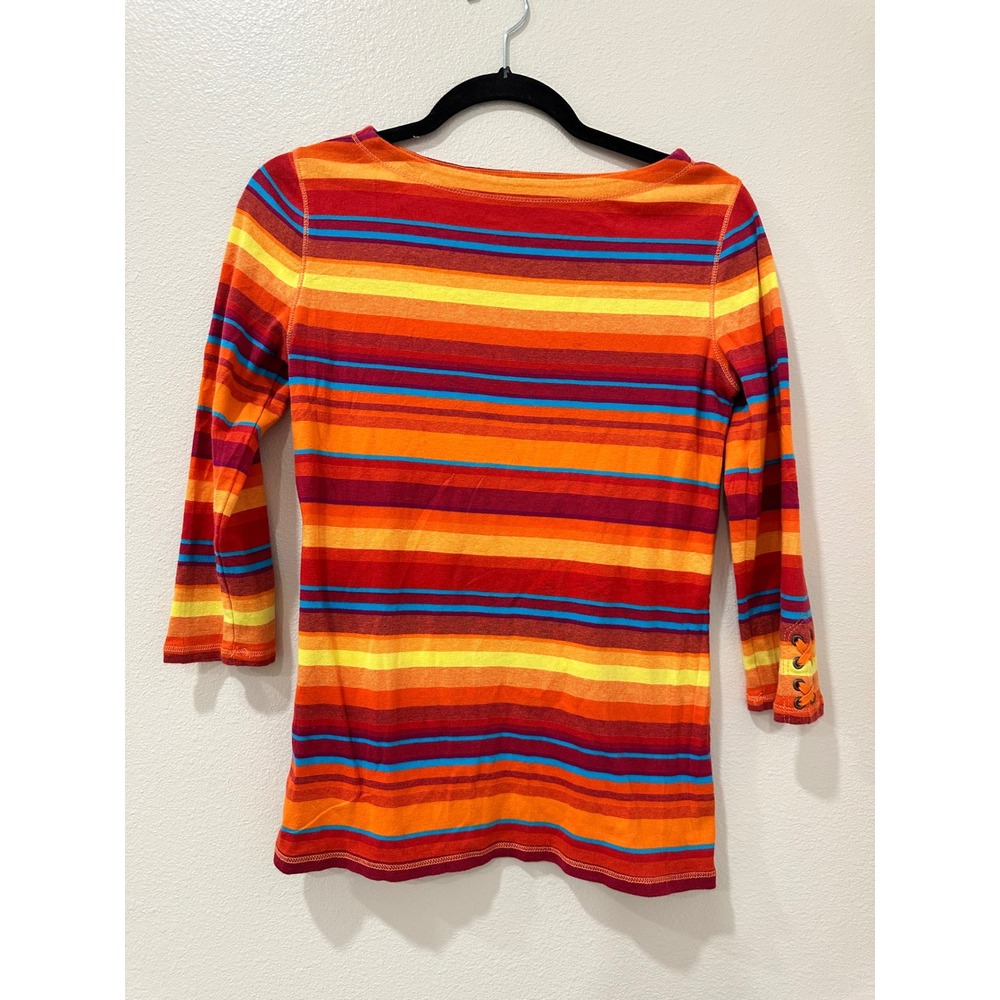 Lauren Ralph Lauren Striped 3/4 Sleeve Top Orange Red Yellow Blue Lace Up Small